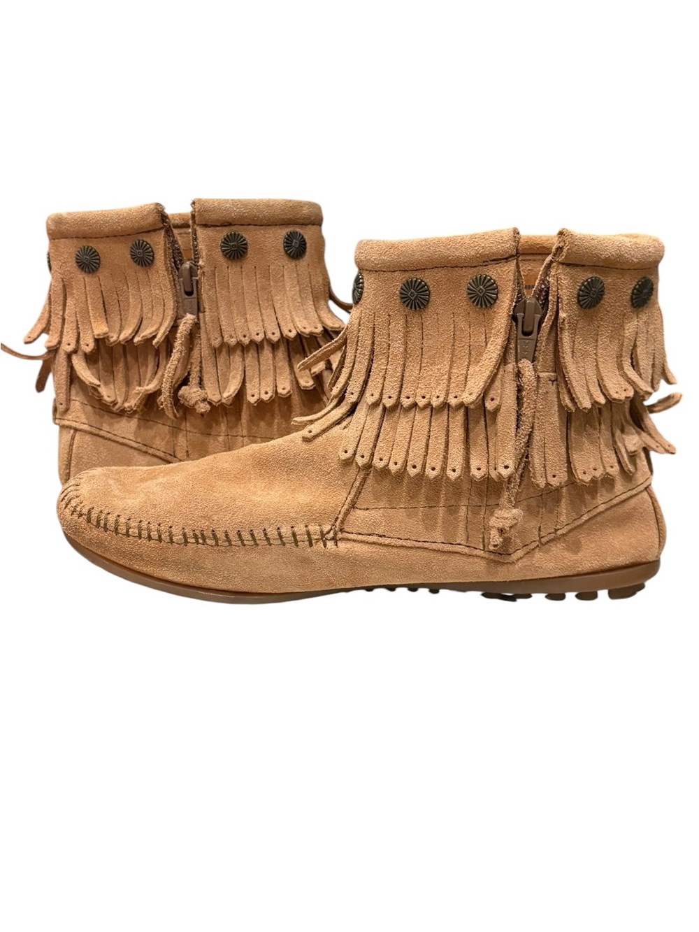 Minnetonka Tan Suede Moccasin Fringe Fall Cozy Short Boots Zip Closure sz 8.5 - Picture 15 of 15